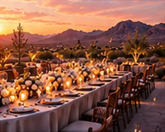 Long outdoor banquet table set at sunset