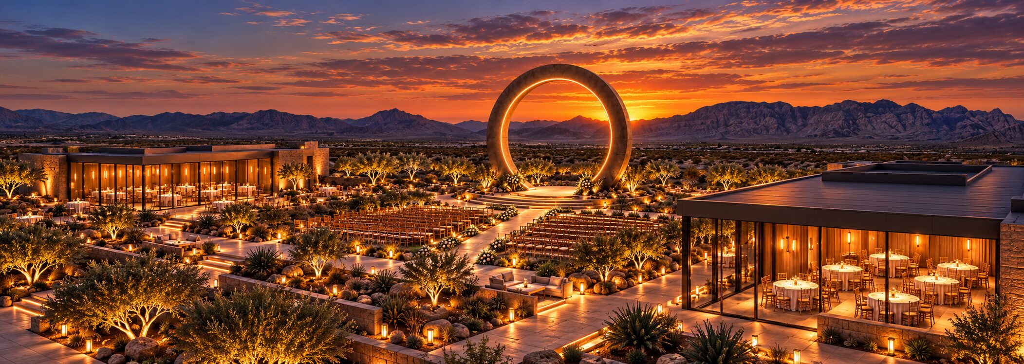 Aerial view of the Desert Halo property at dusk