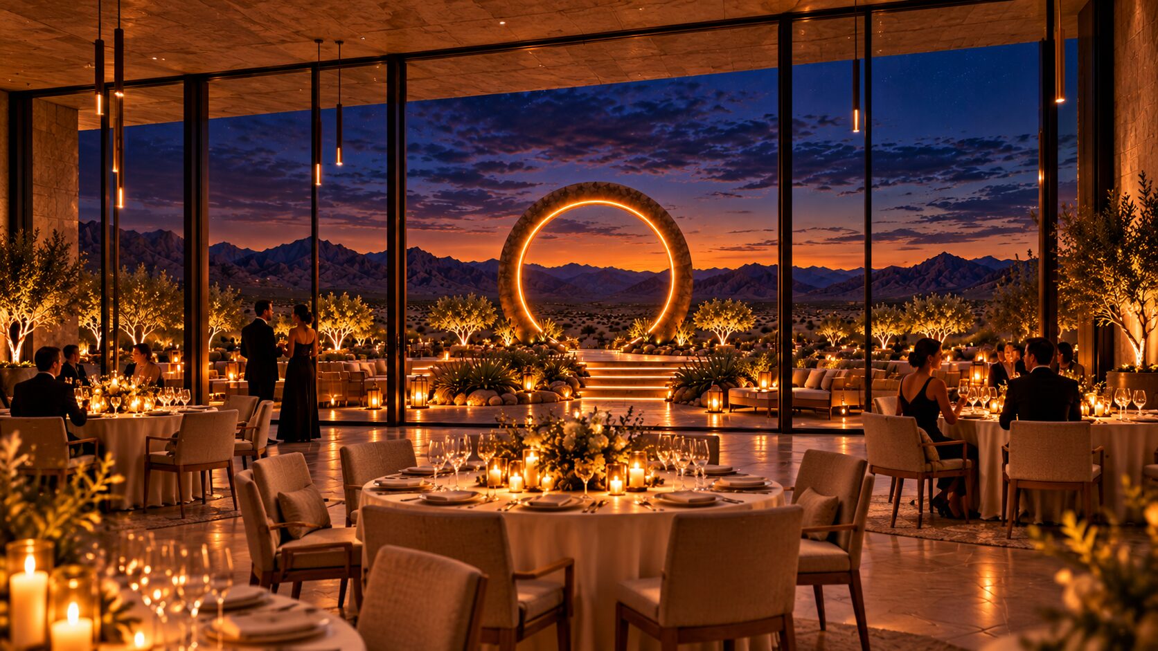 Glass-walled dining pavilion with chandeliers and mountain views