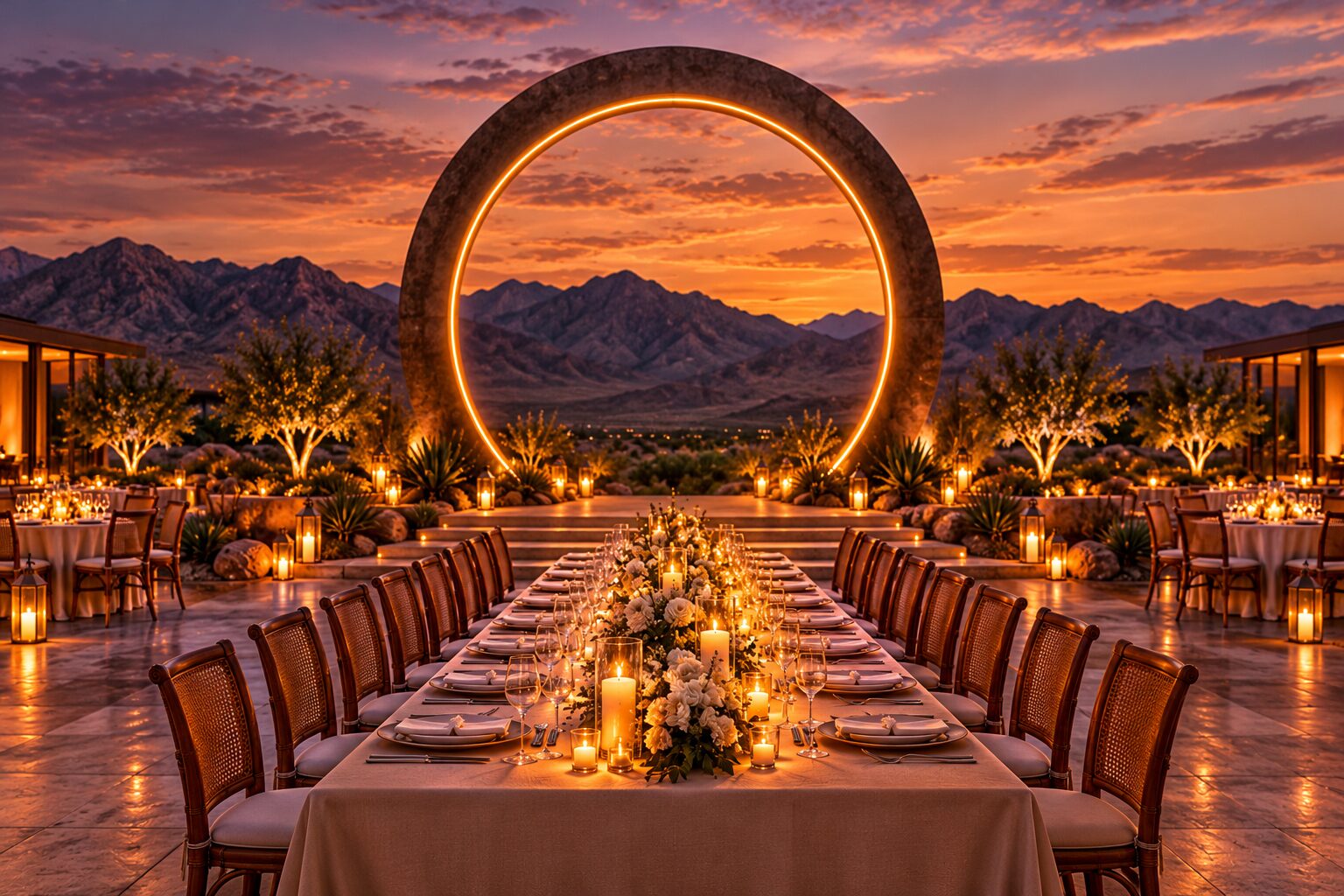 Long banquet rows leading to the illuminated halo