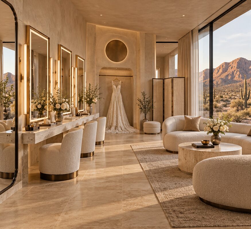 Bright bridal suite with vanity and gown