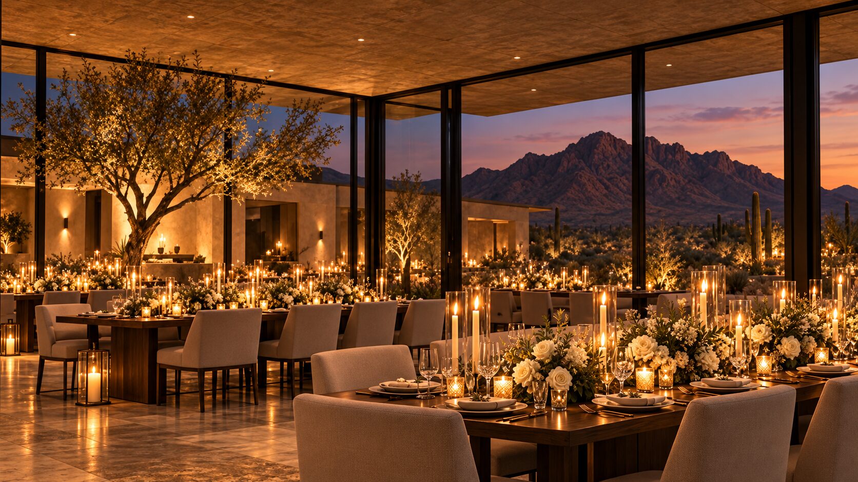 Candlelit reception in the glass pavilion