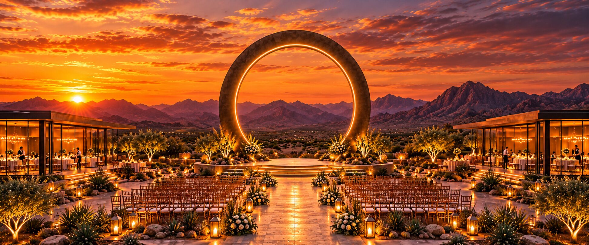 Couple exchanging vows beneath the halo